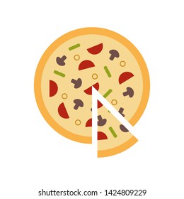 Vector illustration of flat italian pizza with a slice.