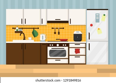 Vector illustration - flat kitchen interior with furniture,  brown and white