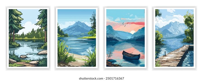 Vector illustration. Flat lake landscape with calm water, surrounding trees, and distant mountains. Peaceful scenery with reflections. Design elements for posters, book covers, brochures, magazines