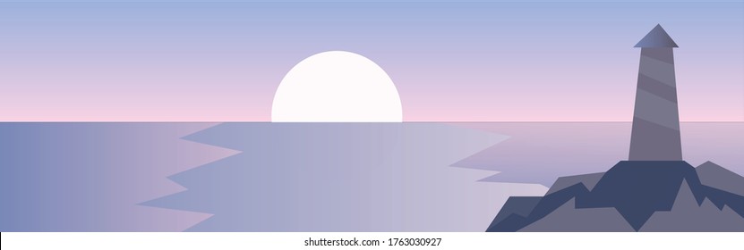 Vector illustration. Flat landscape. Cartoon wallpaper.  Lonely lighthouse by the sea. Sky at dusk 