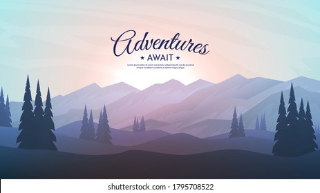 Vector illustration. Flat landscape. Clear polygonal sky. Triangle shapes. Hills. Graphic modern backdrop. Abstract art. Sunset or sunrise scene. Design element for poster. Natural concept. Panorama