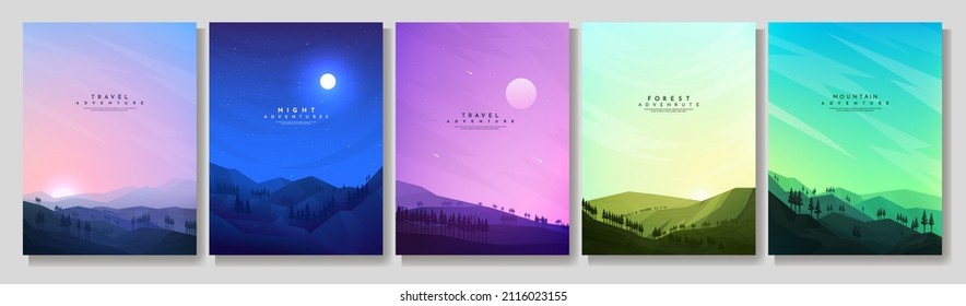 Vector illustration  Flat landscape collection  Cloudy sky  Forest background and pine trees  Design elements for poster  magazine  book cover  banner  invitation  brochure  Wallpapers and text