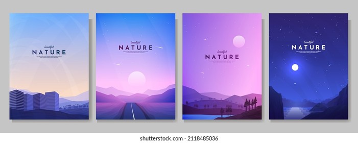 Vector illustration  Flat landscape collection  City near forest  road between mountains  evening woods  night scene  Design background for poster  magazine  book cover  banner  invitation  brochure 