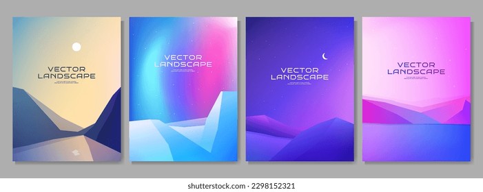 Vector illustration. Flat landscape collection. Hills by water, Northern lights, evening scene, lake by mountains. Design background for poster, magazine, cover, banner, layout, brochure, gift card