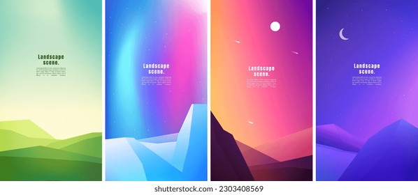 Vector illustration. Flat landscape collection. Meadow, northern lights, evening scene. Adventure tourism. Minimalist graphic flyers. Polygonal flat design for gift voucher, coupon, phone wallpapers