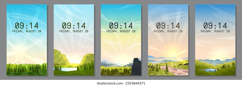 Ilustración vectorial. Colección de paisajes planos. Diseño de papel tapiz para teléfono, volante, cupón, vale, volante. Fondos de escritorio con texto. Escenas de verano naturales y hermosas. Conjunto de fondos geométricos modernos