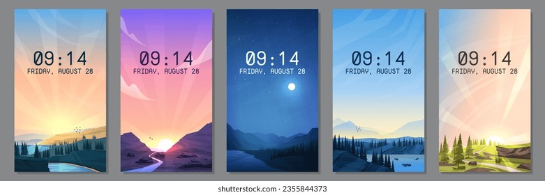 Vector illustration. Flat landscape collection. Design for phone wallpaper, flyer, coupon, voucher, leaflet. Wallpapers with text. Natural beautiful summer scenes. Modern graphic backgrounds set