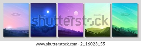 Vector illustration. Flat landscape collection. Cloudy sky. Forest background with pine trees. Design elements for poster, magazine, book cover, banner, invitation, brochure. Wallpapers with text