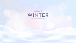 Vector Illustration. Flat Landscape. Snowy Background. Snowdrifts. Snowfall. Clear Blue Sky. Blizzard. Cartoon Wallpaper. Cold Weather. Winter Season.  Empty Template Design With Copy Space