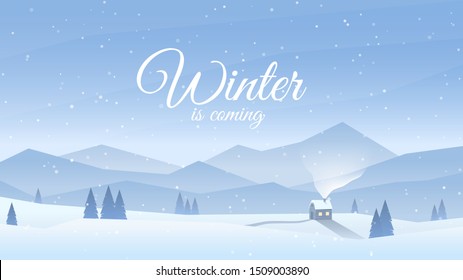 Vector illustration. Flat landscape. Snowy background. Snowfall. Clear blue sky. Blizzard. Cartoon wallpaper. Alone wooden house. Winter season. Forest trees and mountains. Design for website