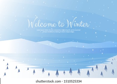Vector illustration. Flat landscape. Snowy background. Snowfall. Clear blue sky. Blizzard. Cartoon wallpaper. Winter season. Forest trees and mountains. Polygonal spruces. Ice water. Frozen lake
