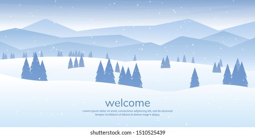 Vector illustration. Flat landscape. Snowy background. Snowfall. Clear blue sky. Blizzard. Cartoon wallpaper. Winter season. Forest trees and mountains. Polygonal spruces. Snowdrift. Countryside scene