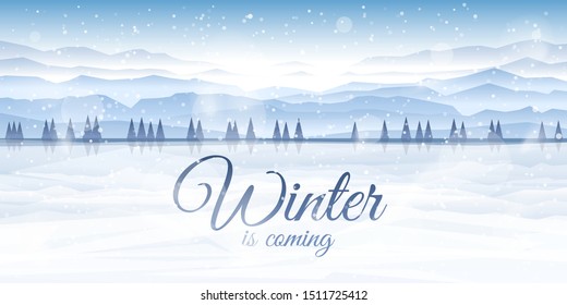 Vector illustration. Flat landscape. Snowy background. Snowfall. Clear blue sky. Blizzard. Cartoon wallpaper. Winter season. Forest trees and mountains. Polygonal spruces. Ice water. Frozen lake