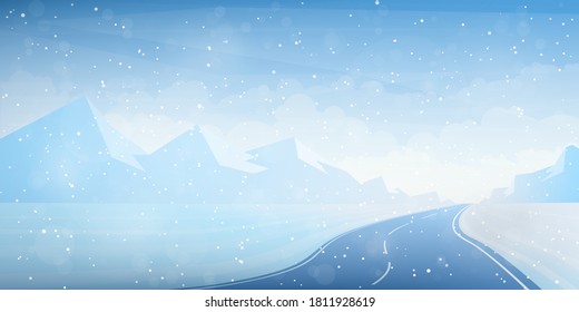 Vector illustration. Flat landscape. Snowy background. Snowdrifts. Snowfall. Clear blue sky. Blizzard. Cartoon wallpaper. Cold weather. Winter season. Forest trees and mountains. Design for website