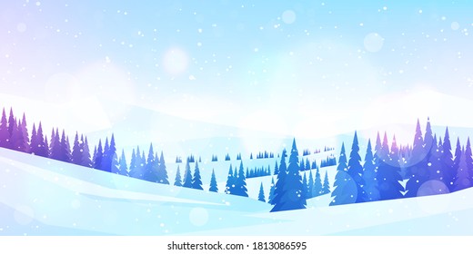 Vector illustration. Flat landscape. Snowy background. Snowdrifts. Snowfall. Clear blue sky. Blizzard. Cartoon wallpaper. Cold weather. Winter season. Forest trees and mountains. Design for website