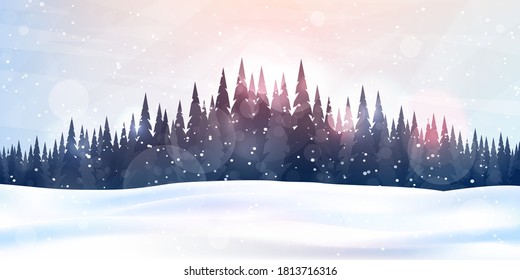 Vector illustration. Flat landscape. Snowy background. Snowdrifts. Snowfall. Clear blue sky. Blizzard. Cartoon wallpaper. Winter season. Forest trees and mountains. Design for website, poster, banner