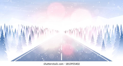 Vector illustration. Flat landscape. Snowy background. Snowdrifts. Snowfall. Clear blue sky. Blizzard. Cartoon wallpaper. Winter season. Forest trees and mountains. Design for website, poster, banner