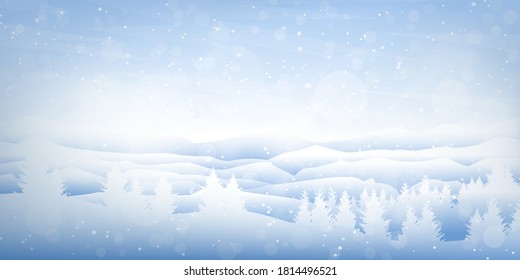 Vector illustration. Flat landscape. Snowy background. Snowdrifts. Snowfall. Clear blue sky. Blizzard. Cartoon wallpaper. Winter season. Forest trees and mountains. Design for website, poster, banner