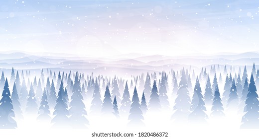 Ilustración vectorial. Paisaje plano. Fondo nevado. Saltos de nieve. Nevada. Cielo azul claro. Blizzard. Papel de caricatura. Temporada de invierno. Árboles forestales y montañas. Diseño de sitio web, afiche, banner