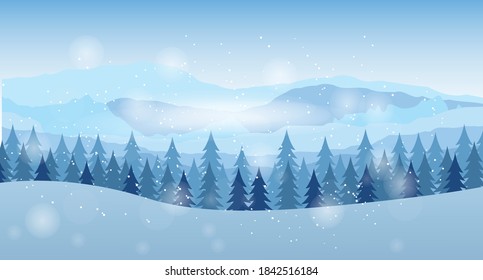 Vector illustration. Flat landscape. Snowy background. Snowdrifts. Snowfall. Clear blue sky. Blizzard. Cartoon wallpaper. Cold weather. Winter season. Forest trees and mountains. Design for website.