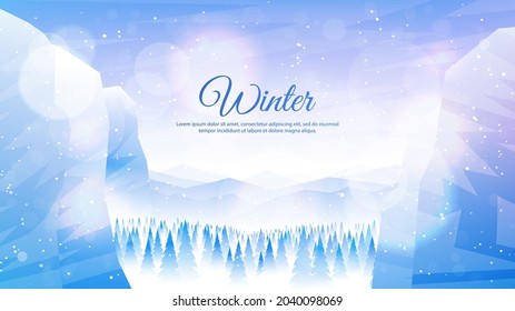 Ilustración vectorial. Paisaje plano. Fondo nevado. Saltos de nieve. Nevada. Cielo azul claro. Blizzard. Papel de caricatura. Temporada de invierno. Árboles forestales y montañas. Diseño de sitio web. Luces borrosas