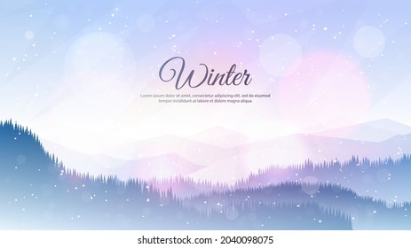 Vector illustration  Flat landscape  Snowy background  Snowdrifts  Snowfall  Clear blue sky  Blizzard  Cartoon wallpaper  Cold weather  Winter season  Forest trees   mountains  Design for website