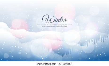 Vector illustration. Flat landscape. Snowy background. Snowdrifts. Snowfall. Clear blue sky. Blizzard. Cartoon wallpaper. Winter season. Forest trees and mountains. Design for website. Blurred lights