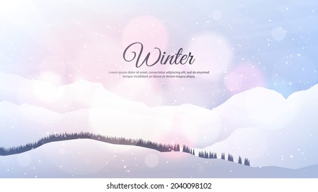 Ilustración vectorial. Paisaje plano. Fondo nevado. Saltos de nieve. Nevada. Cielo azul claro. Blizzard. Papel de caricatura. El tiempo frío. Temporada de invierno. Árboles forestales y montañas. Diseño del sitio web
