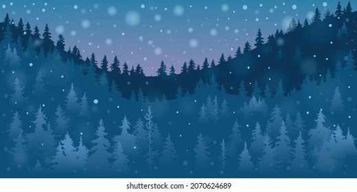 Vector illustration. Flat landscape. Snowy background. Горы. Пейзаж. Blizzard. Cartoon wallpaper. Winter season. Forest trees and mountains. Design for website, poster, banner.