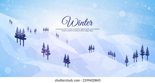 Vector illustration  Flat landscape  Snowy background  Snowdrifts  Snowfall  Clear blue sky  Blizzard  Cartoon wallpaper  Cold weather  Winter season  Forest trees   mountains  Design for website