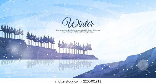 Vector illustration. Flat landscape. Snowy background. Snowdrifts. Snowfall. Clear blue sky. Blizzard. Cartoon wallpaper. Cold weather. Winter season. Forest trees and mountains. Design for website