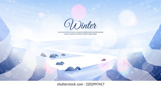 Vector illustration. Flat landscape. Snowy background. Snowdrifts. Snowfall. Clear blue sky. Blizzard. Cartoon wallpaper. Winter season. Forest trees and mountains. Design for website. Blurred lights