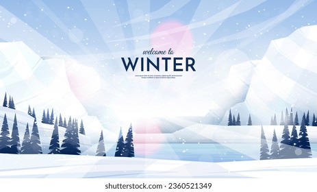 Vector illustration. Flat landscape. Snowy background. Snowdrifts. Snowfall. Clear blue sky. Blizzard. Cartoon wallpaper. Cold weather. Winter season. Forest trees and mountains. Design for website