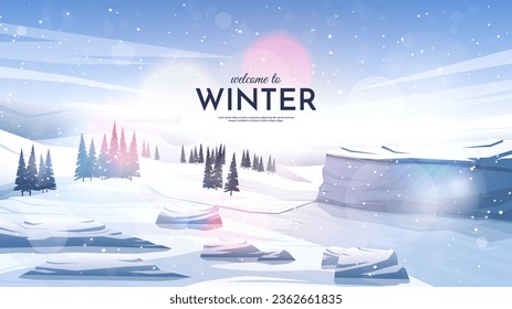 Ilustración vectorial. Paisaje plano. Fondo nevado. Saltos de nieve. Nevada. Cielo azul claro. Blizzard. Papel de caricatura. El tiempo frío. Temporada de invierno. Árboles forestales y montañas. Diseño del sitio web