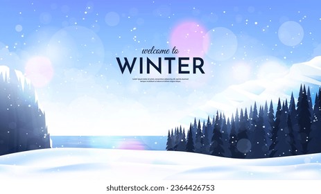 Vector illustration. Flat landscape. Snowy background. Snowdrifts. Snowfall. Clear blue sky. Blizzard. Cartoon wallpaper. Cold weather. Winter season. Forest trees and mountains. Design for website