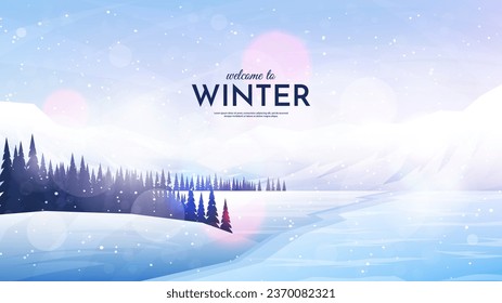 Vector illustration. Flat landscape. Snowy background. Snowdrifts. Snowfall. Clear blue sky. Blizzard. Cartoon wallpaper. Cold weather. Winter season. Forest trees and mountains by frozen lake