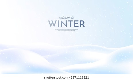 Ilustración vectorial. Paisaje plano. Fondo nevado. Saltos de nieve. Nevada. Cielo azul claro. Blizzard. Papel de caricatura. El tiempo frío. Temporada de invierno.  Diseño de plantilla vacío con espacio de copia