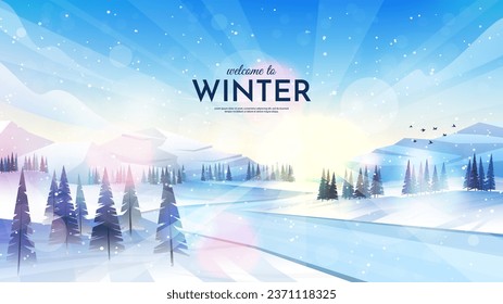 Vector illustration. Flat landscape. Snowy background. Shiny blue sky. Forest trees near frozen river, mountains and hills. Flat wallpapers set. Winter season. Design for website. Bokeh lights