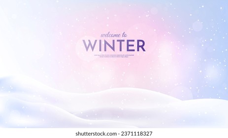 Ilustración vectorial. Paisaje plano. Fondo nevado. Saltos de nieve. Nevada. Cielo azul claro. Blizzard. Papel de caricatura. El tiempo frío. Temporada de invierno.  Diseño de plantilla vacío con espacio de copia