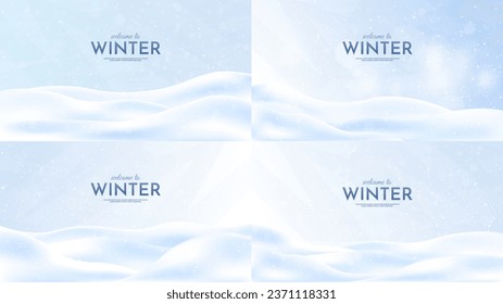 Vector illustration. Flat landscape. Snowy background. Snowdrifts. Snowfall. Clear blue sky. Blizzard. Cartoon wallpapers set. Cold weather. Winter season. Minimal backgrounds collection