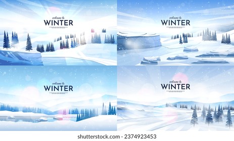 Vector illustration. Flat landscape. Snowy background. Snowdrifts. Snowfall. Clear blue sky. Blizzard. Cartoon wallpaper. Cold weather. Winter season. Design elements for web banner, website template