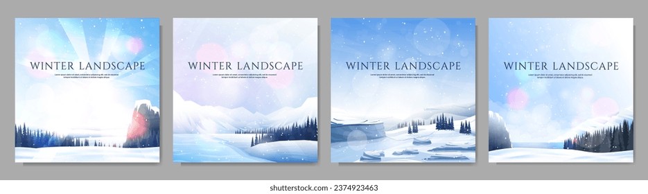 Vector illustration. Flat landscape. Snowy background. Snowdrifts. Snowfall. Clear blue sky. Blizzard. Cartoon wallpaper. Cold weather. Winter season. Design elements for web banner, social media