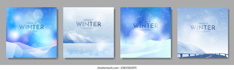 Vector illustration. Flat landscape. Snowy background. Snowdrifts. Snowfall. Clear blue sky. Blizzard. Cartoon wallpaper. Cold weather. Winter season. Design elements for web banner, social media