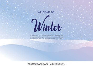 Vector illustration. Flat landscape. Snowy background. Snowdrifts. Snowfall. Clear blue sky. Blizzard. Cartoon wallpaper. Cold weather. Winter season. Empty template design with copy space