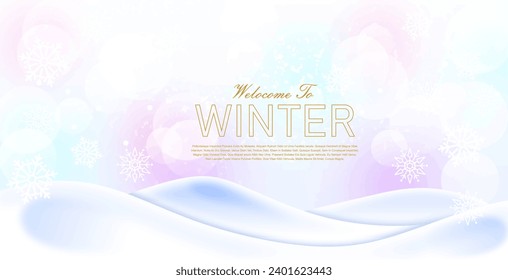 Vector illustration. Flat landscape. Snowy background. Snowdrifts. Snowfall. Clear blue sky. Blizzard. Cartoon wallpaper. Cold weather. Winter season.