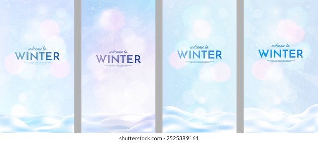 Ilustración vectorial. Paisaje plano. Fondo de paisaje nevado. Cielo azul claro. Ventisca. Clima frío. Temporada de invierno. Diseño de Plantilla vacía para volante, Cupón, cupón, folleto, Fondo de pantalla de Vertical