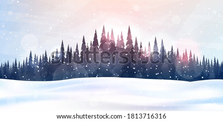 Vector illustration. Flat landscape. Snowy background. Snowdrifts. Snowfall. Clear blue sky. Blizzard. Cartoon wallpaper. Winter season. Forest trees and mountains. Design for website, poster, banner