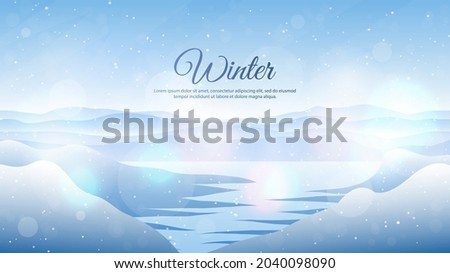 Vector illustration. Flat landscape. Snowy background. Snowdrifts. Snowfall. Clear blue sky. Blizzard. Cartoon wallpaper. Cold weather. Winter season. Hills and frozen lake. Bokeh lights