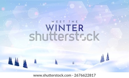 Vector illustration. Flat landscape. Snowy background with snowdrifts. Snowfall with blurred lights on blue sky. Blizzard. Cartoon horizontal wallpaper. Cold weather. Winter season with pine trees