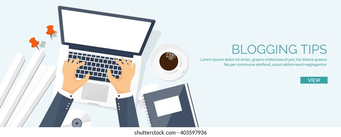 Vector Illustration.  Flat Laptop With Hands. Tell Your Story. Author. Blogging. Message.